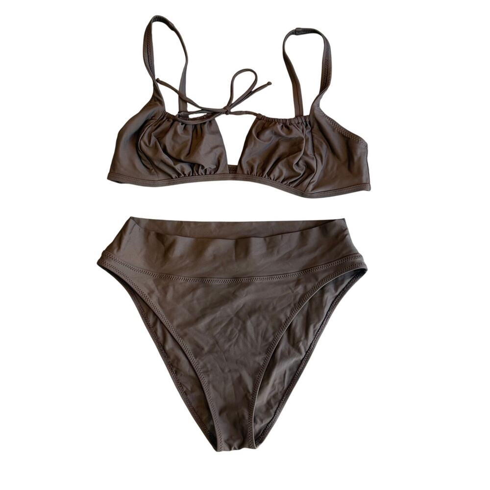Galamaar Bikini Set Brown Two Piece Tie Front High Cut Swimwear USA Womens XL